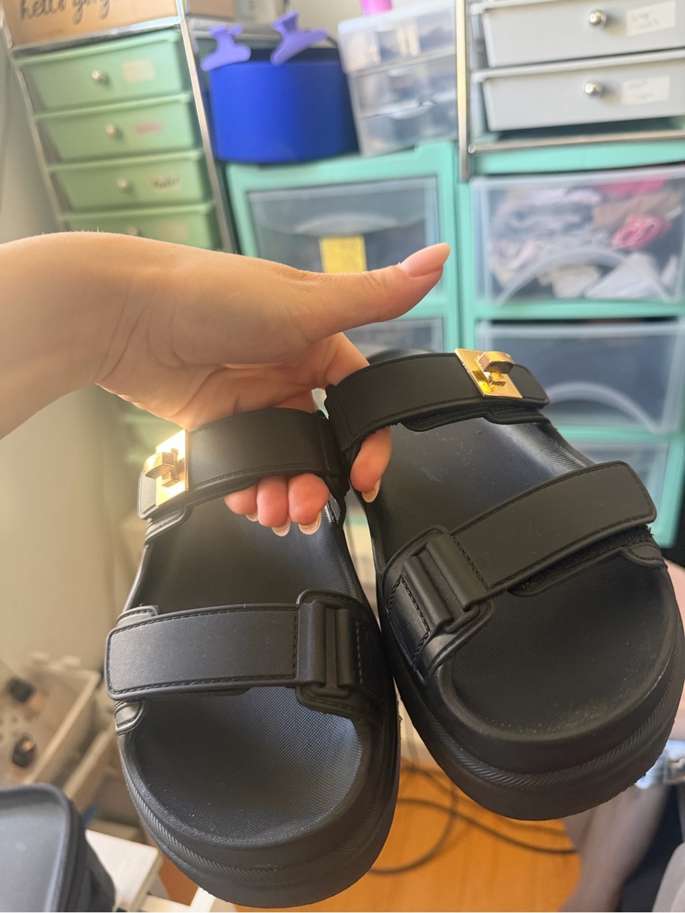 Black Gold Buckle Platform Slide Sandals - Picture 6 of 8